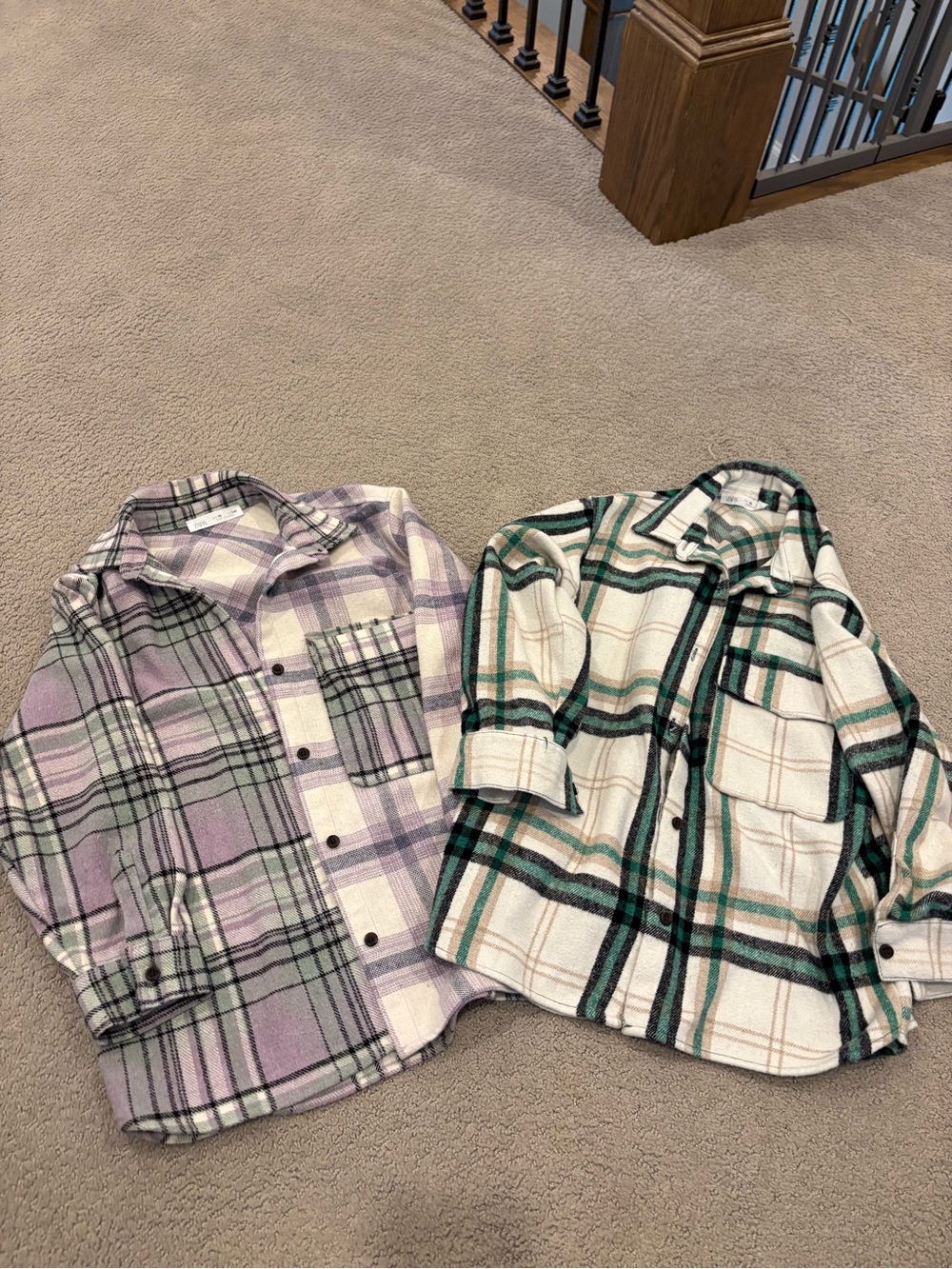 Zara girls size 10 Plaid Flannel Button-Up Shackets - Lavender & Green